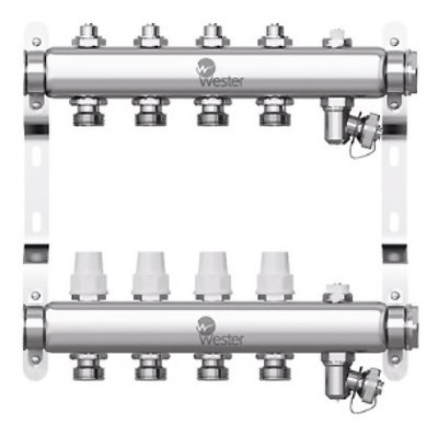 Коллектор для отопления Wester 1"-3/4 в сборе на 4 выхода с 2 заглушками