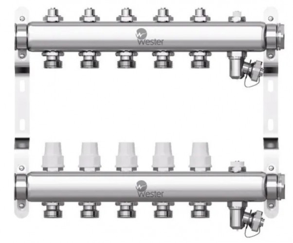 Коллектор для отопления Wester 1"-3/4 в сборе на 5 выходов с 2 заглушками